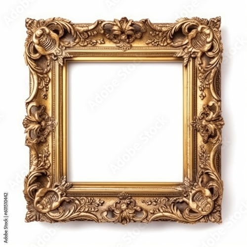 A gold ornate frame isolated on a white background for displaying or decorating purposes. (Generative AI)