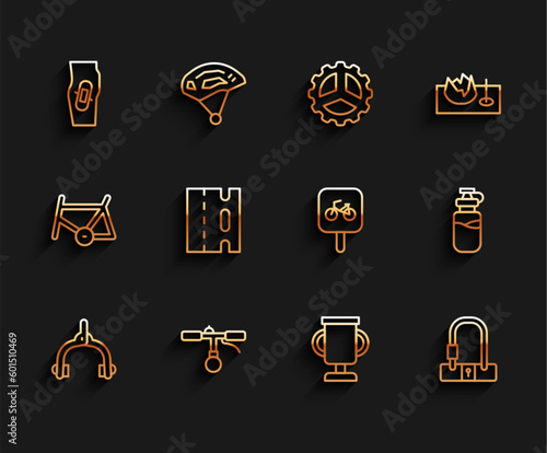 Set line Bicycle brake calipers, handlebar, Plaster on leg, Award cup with bicycle, lock, lane, Sport bottle water and parking icon. Vector