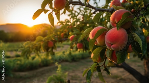 Photo peaches in the farm field, generative ai