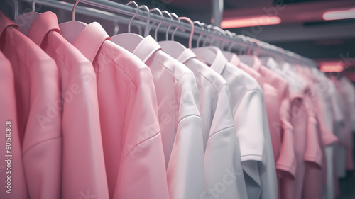 pink clothes coats on hangers in a store on a showcase in a shopping center.Generative AI