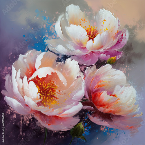 Fototapeta Naklejka Na Ścianę i Meble -  Abstract white peony flowers in style of contemporary oil painting, ai generative