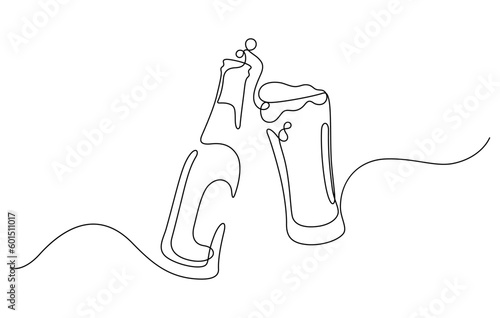 celebration toasting beer clinking of bottle and pint glass froth one line drawing