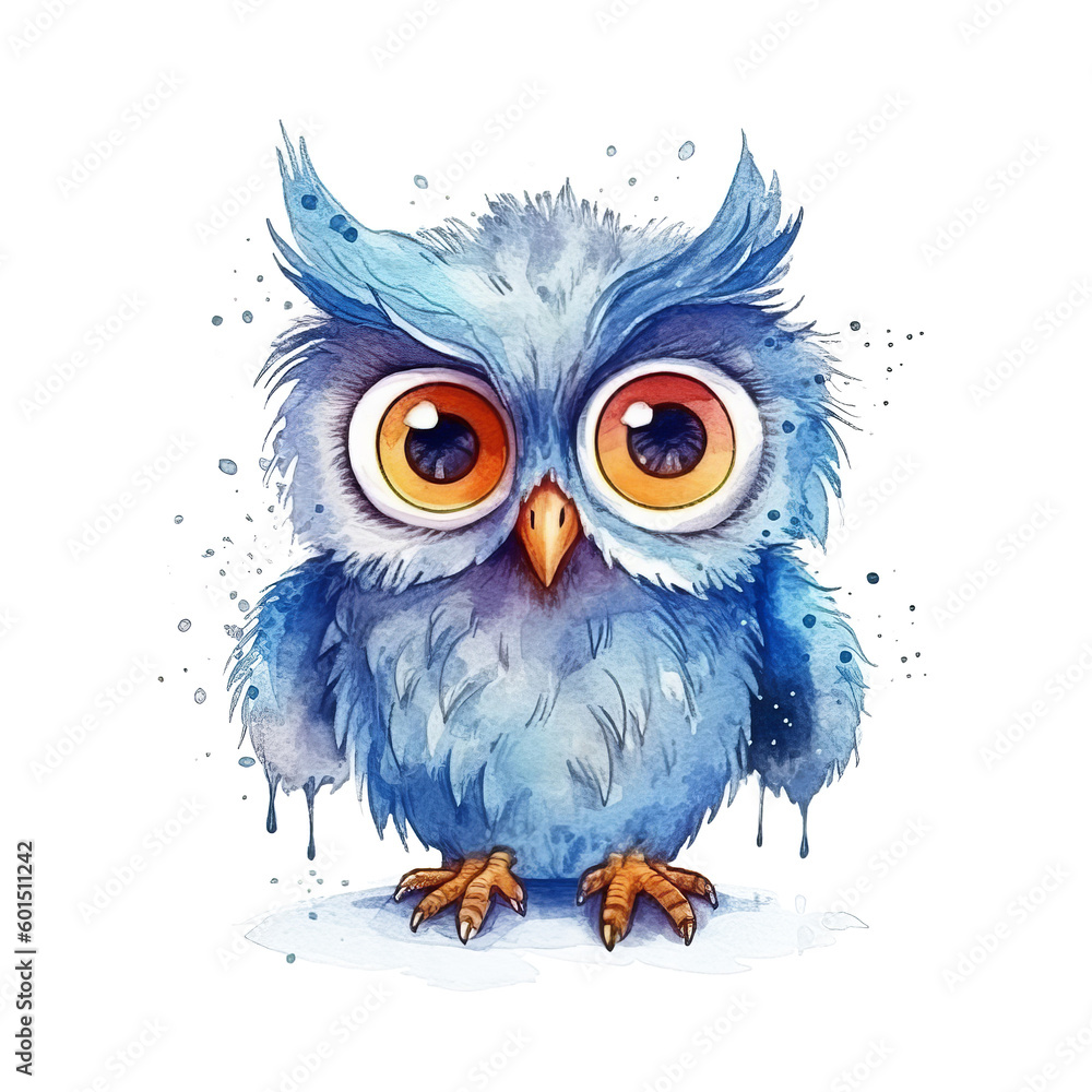 Cute watercolor blue owl. Illustration AI Generative.
