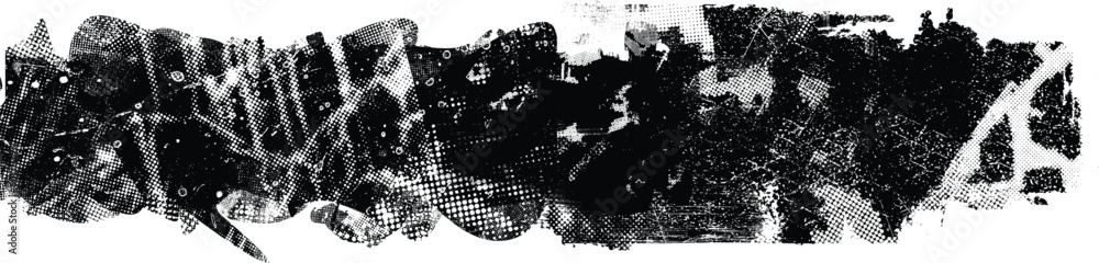 Glitch distorted grungy isolated banner . Design element for brochure, social media, posters, flyers. Overlay texture.Textured banner with Distress effect .Vector halftone dots . Screen print texture Glitch distorted grungy isolated banner . Design element for brochure, social media, posters, flyers. Overlay texture.Textured banner with Distress effect .Vector halftone dots . Screen print texture