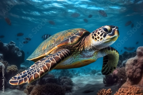 photo of Sea turtle in the Galapagos island. Tropical beach background underwater animal © helen_f