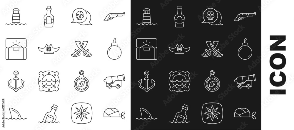 Set line Pirate bandana for head, Cannon, Bomb ready to explode, Skull, hat, Antique treasure chest, Lighthouse and Crossed pirate swords icon. Vector Set line Pirate bandana for head, Cannon, Bomb ready to explode, Skull, hat, Antique treasure chest, Lighthouse and Crossed pirate swords icon. Vector