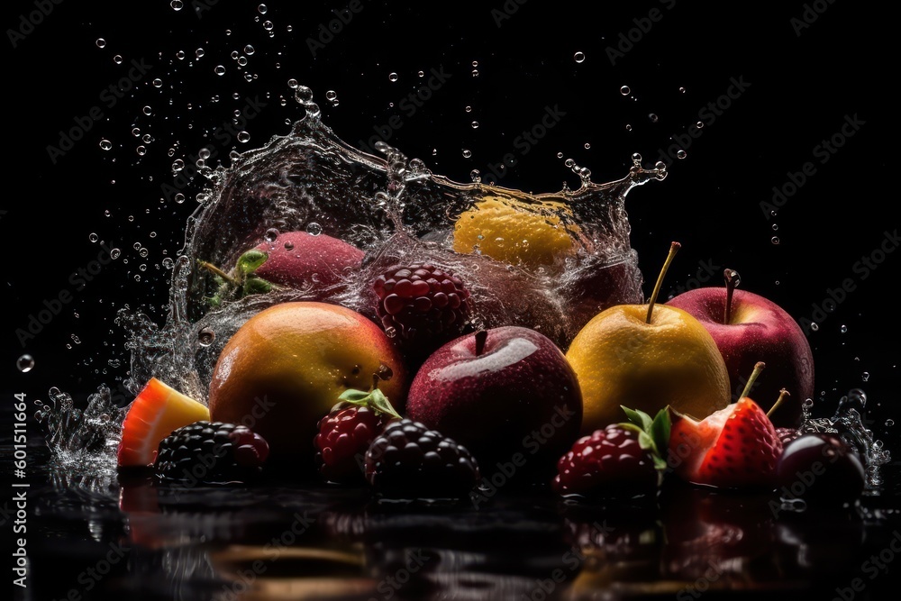 Naklejka premium Pieces of fruit with mint leaves and ice cubes falling in water splash, isolated on black background. Very high resolution image. Generative ai