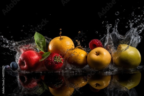 Freeze Motion Shot of Fresh Fruits with Splashing Water Isolated on Black Background. Generative ai