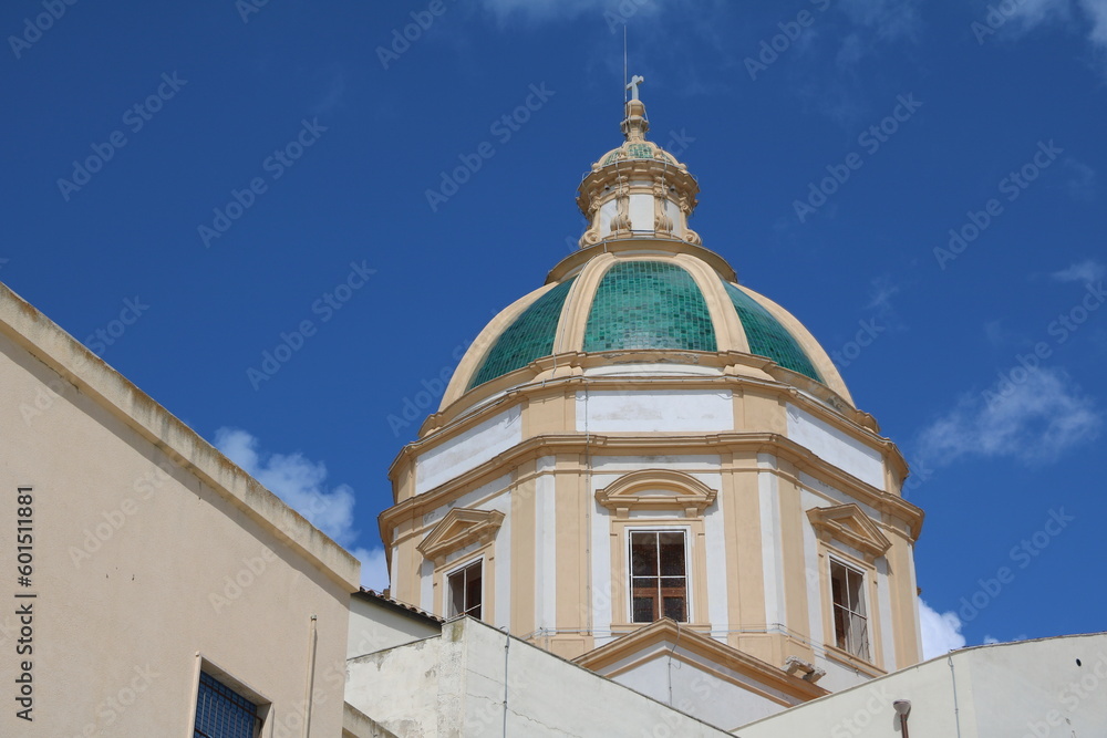 Green dome of San Lorenzo Cathedral in Trapani in Sicily, Italy