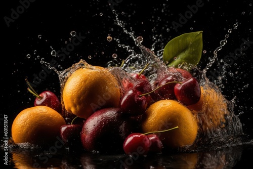 Fruits on black background with water splash. Generative ai