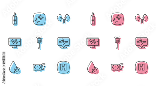 Set line Donate drop blood, Ultrasound, Medical thermometer, Hospital signboard, Crutch or crutches, Heart rate, Monitor with cardiogram and DNA symbol icon. Vector
