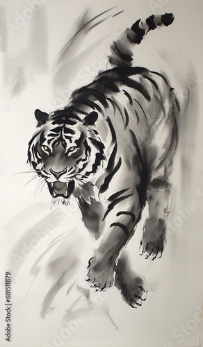 Black and white tiger captured in traditional Chinese ink art. This isolated illustration showcases the animal's graphic nature and cultural symbolism. Drawing with brush of a predator. Generative AI