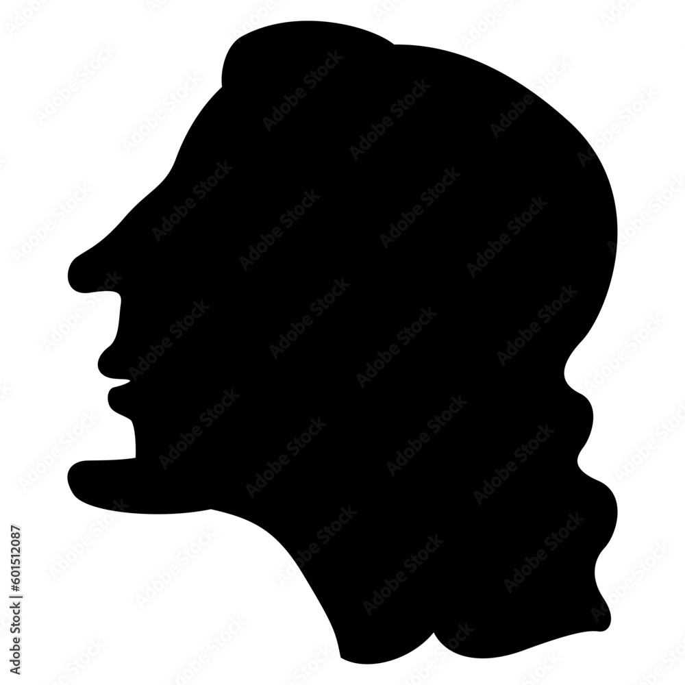 Head of ancient Greek man in profile. Ethnic design. Vase painting style. Black silhouette on white background.