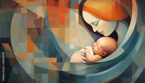 Happy Mother's Day background, Geometric abstract illustration of a Mother holding a baby, Moments of Love and Happiness in Mother's Day 2023