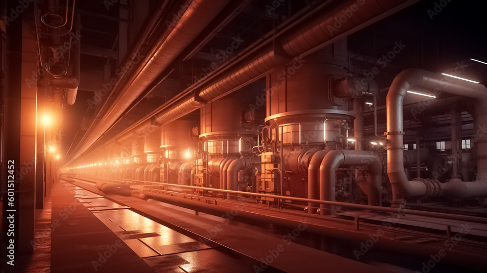 Fototapeta premium Pipes, tubes, machinery and steam turbine at a power plant. Equipment, cables and piping as found inside of a modern industrial power plant.