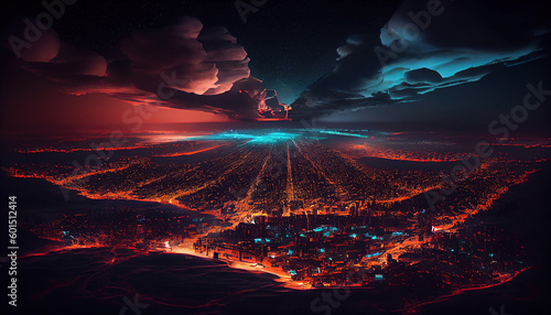 Dark Cyberpunk City at Night Seen From The Sky Horizon Line Light Pollution Long Exposure AI Generative