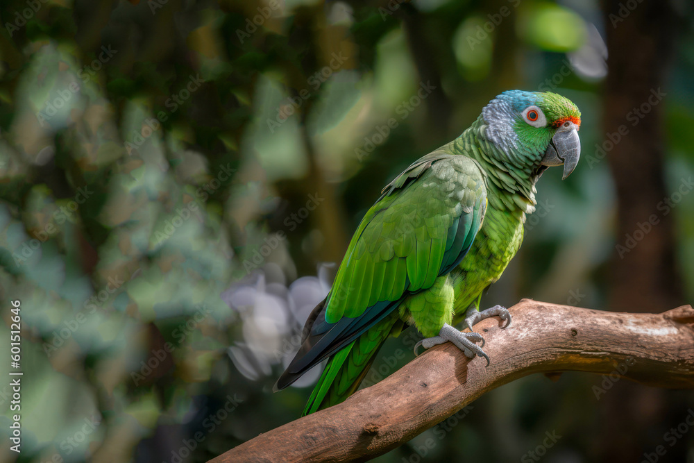 Blue and yellow, endangered Hyacinth Macaw (parrot) perched on a tree branch