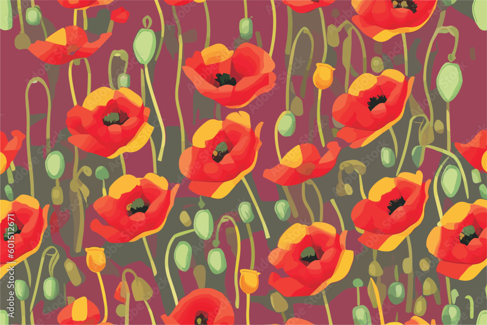 A floral vector pattern with meadow flowers 
(yellow and red poppies) and green buds
 on a pink background.