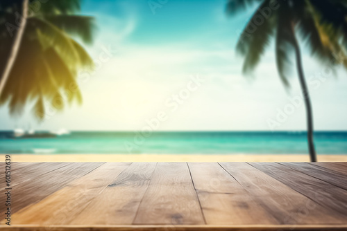 Top of wood table with seascape and palm leaves  blur bokeh light of calm sea and sky at tropical beach background. Summer vacation background concept. 