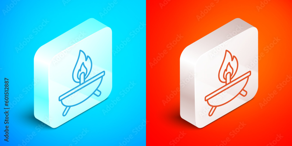 Isometric line Aroma candle icon isolated on blue and red background. Silver square button. Vector Isometric line Aroma candle icon isolated on blue and red background. Silver square button. Vector