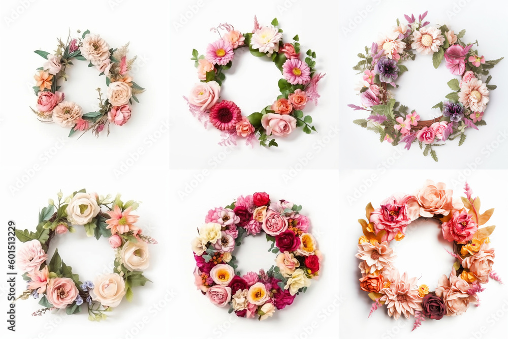 Stunning Collection of Elegant Colorful Flower Wreaths on White, Photo Art Set Created with Generative AI and Other Techniques