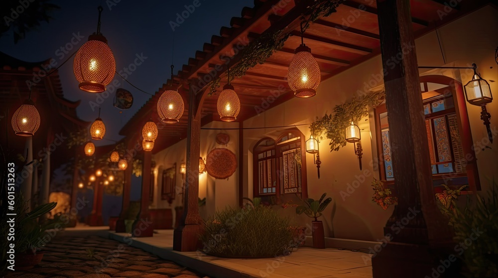 Obraz premium street in the night with beautiful lanterns islamic Eid-Adha 4k high resolution