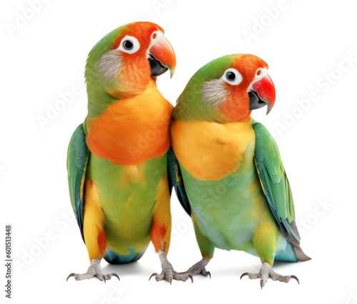 Fotografiet two cute green and red / orange lovebirds standing clowe to each other curiously