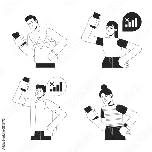 Having trouble with phone bw vector spot illustration set. Difficulty with cellphone 2D cartoon flat line monochromatic characters on white for web UI design. Editable isolated outline hero image pack