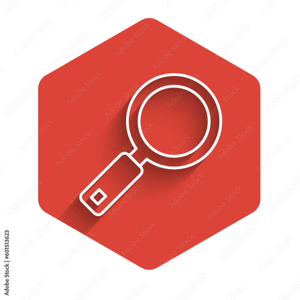 White line Magnifying glass icon isolated with long shadow background. Search, focus, zoom, business symbol. Red hexagon button. Vector White line Magnifying glass icon isolated with long shadow background. Search, focus, zoom, business symbol. Red hexagon button. Vector