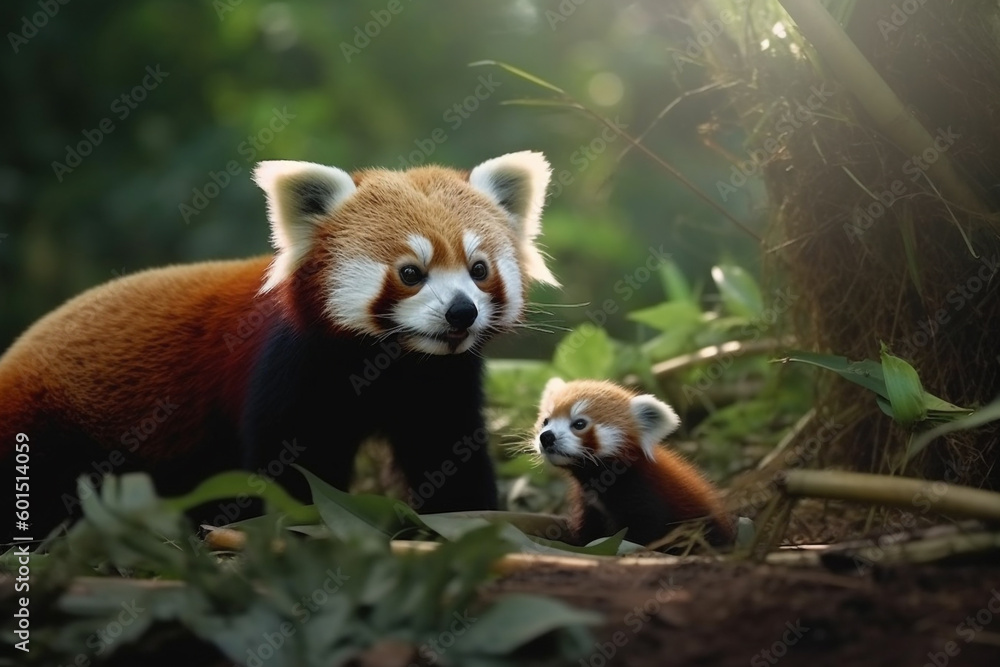 Fluffy red panda and cub Generative AI Fluffy red panda and cub Generative AI