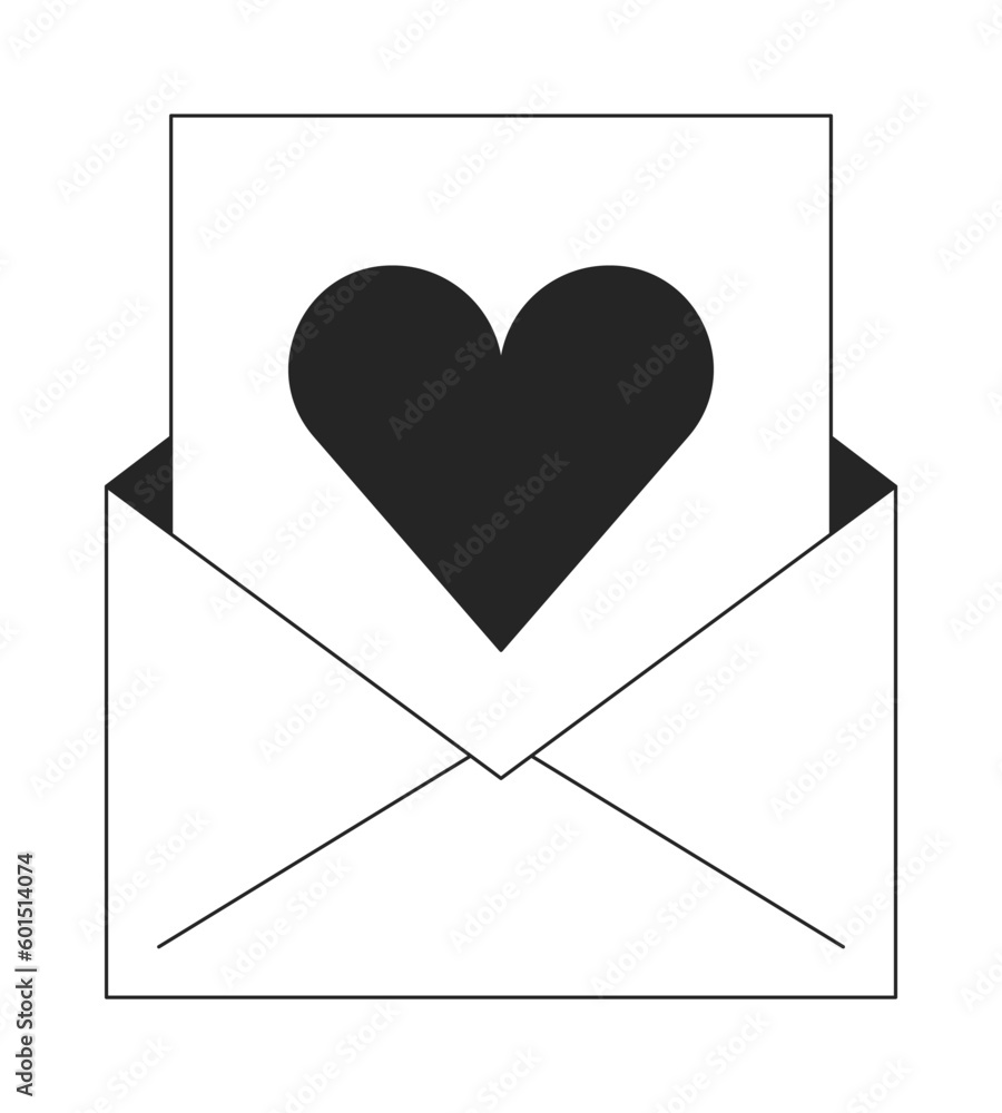 Email newsletter bw concept vector spot illustration. Heart envelope 2D cartoon flat line monochromatic object for web UI design. Love letter. E-mail marketing editable isolated outline hero image Email newsletter bw concept vector spot illustration. Heart envelope 2D cartoon flat line monochromatic object for web UI design. Love letter. E-mail marketing editable isolated outline hero image