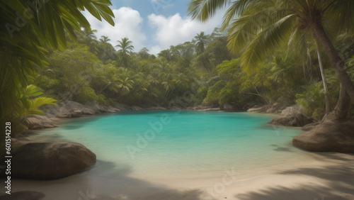 Beautiful jungle beach lagoon. Generative AI