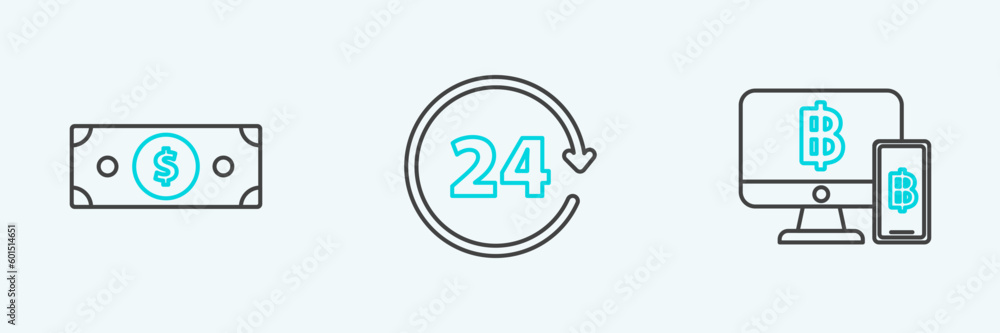 Set line Computer monitor with mobile phone and bitcoin, Stacks paper money cash and Clock 24 hours icon. Vector Set line Computer monitor with mobile phone and bitcoin, Stacks paper money cash and Clock 24 hours icon. Vector
