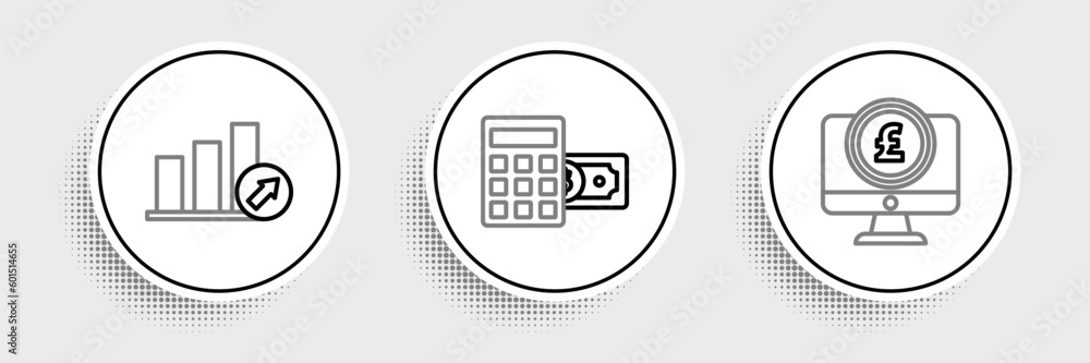 Set line Computer monitor with pound sterling symbol, Presentation financial graph, schedule, chart, diagram, infographic, pie graph and Calculator dollar icon. Vector Set line Computer monitor with pound sterling symbol, Presentation financial graph, schedule, chart, diagram, infographic, pie graph and Calculator dollar icon. Vector