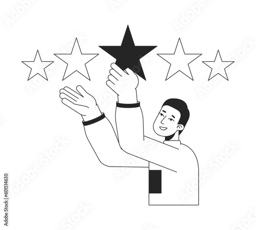 Positive reviews bw concept vector spot illustration. Customer giving five stars 2D cartoon flat line monochromatic character for web UI design. Service quality editable isolated outline hero image