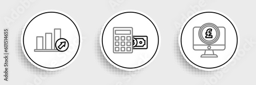 Set line Computer monitor with pound sterling symbol, Presentation financial graph, schedule, chart, diagram, infographic, pie graph and Calculator dollar icon. Vector