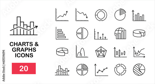 Set of outline vector icons such as charts, diagram and graphs. Business data design elements for web, mobile apps, finance analysis, ui design, presentation, report. Vector illustration