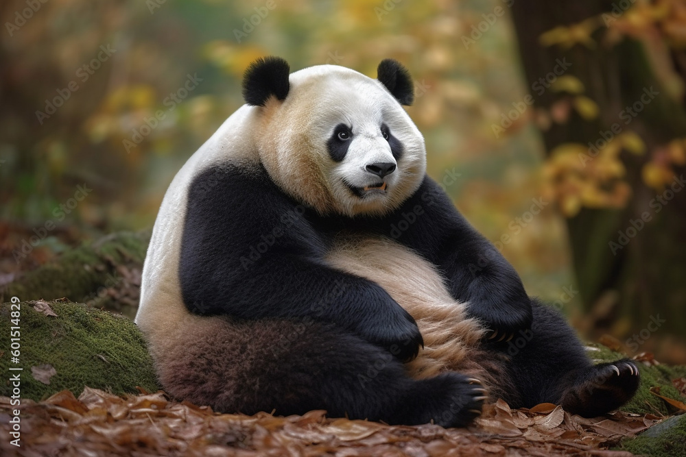Fototapeta premium Cute fluffy panda sitting on the ground Generative AI