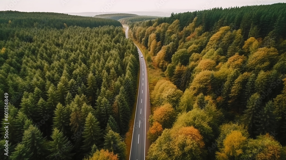 Fototapeta premium Aerial view on forest road. Illustration AI Generative
