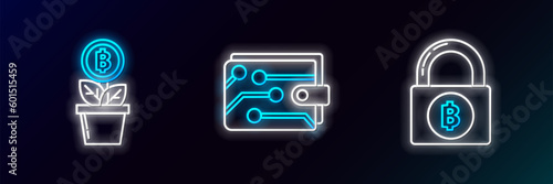 Set line Lock with bitcoin, Bitcoin plant the pot and Cryptocurrency wallet icon. Glowing neon. Vector