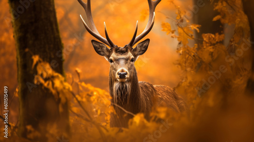 Autumn forest background with deer. Illustration AI Generative