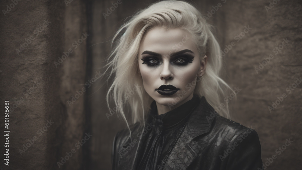 Closeup portrait of a beautiful gothic woman with dark make-up. Generative AI