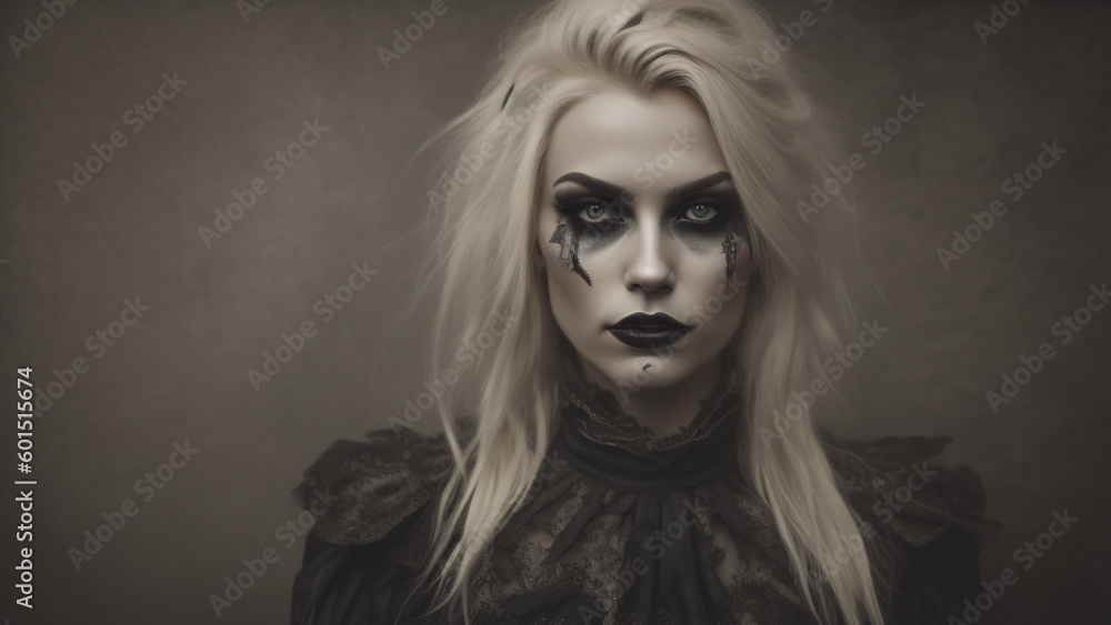 Closeup portrait of a beautiful gothic woman with dark make-up. Generative AI