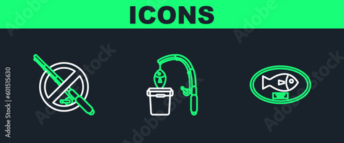 Set line Fish trophy hanging on the board, No fishing and Fishing rod and icon. Vector