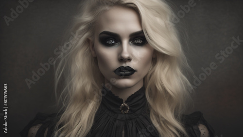 Closeup portrait of a beautiful gothic woman with dark make-up. Generative AI