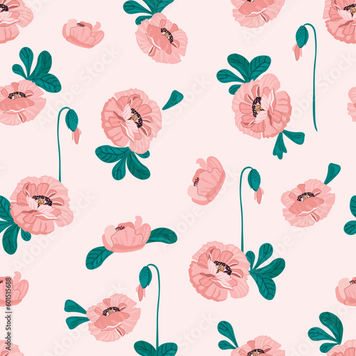 Pink poppies flowers and green leaves seamless pattern.Bloomed and unopened buds.Floral print on fabric and paper.Summer seasonal background.Endless wallpaper,cover.Vector hand drawn illustration.