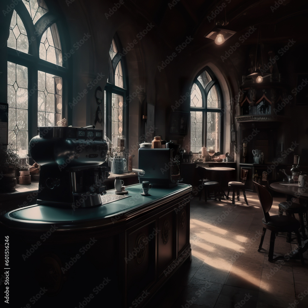 A coffee machine sitting on top of a counter. Generative AI. Dark academia style, victorian style mansion interior design with wooden stairs. A coffee machine sitting on top of a counter. Generative AI. Dark academia style, victorian style mansion interior design with wooden stairs.