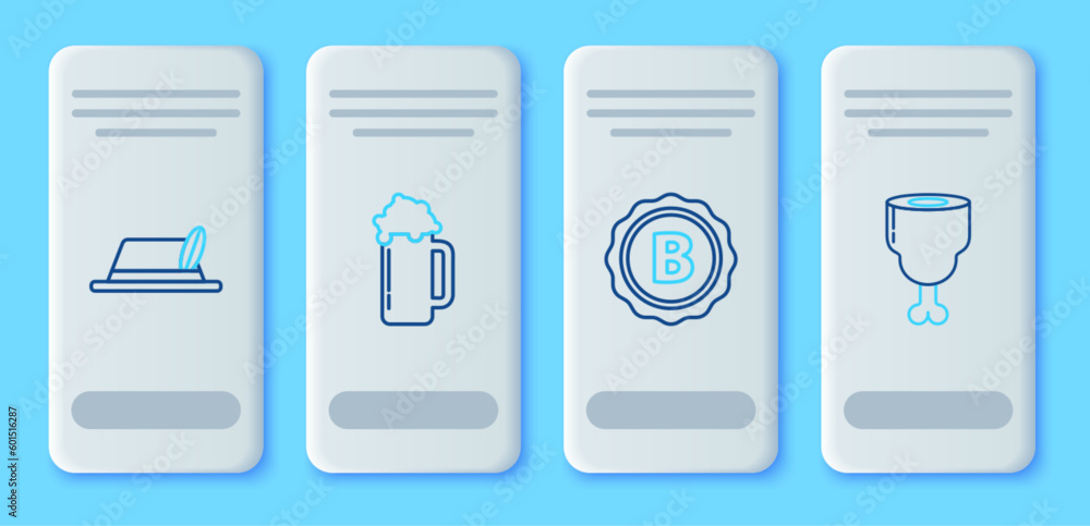 Set line Glass of beer, Bottle cap with inscription, Oktoberfest hat and Chicken leg icon. Vector