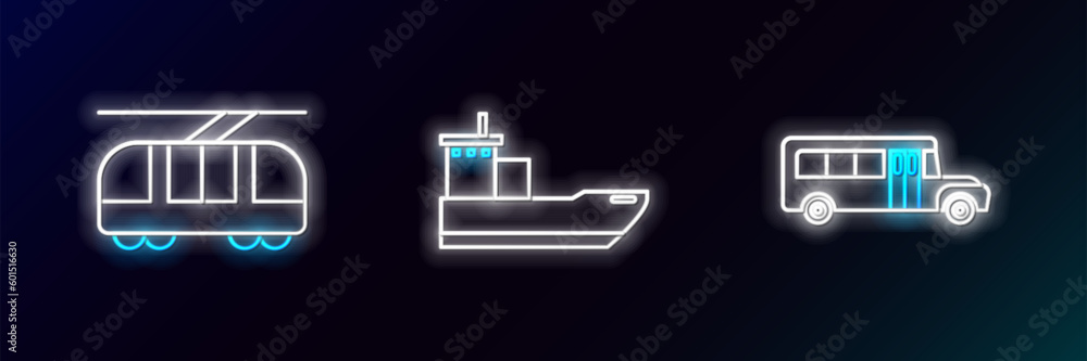 Set line School Bus, Tram and railway and Cargo ship icon. Glowing neon. Vector Set line School Bus, Tram and railway and Cargo ship icon. Glowing neon. Vector