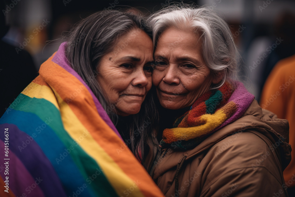 Elderly white lesbian couple hugging wrapped in pride flag - Generative AI - obrazy, fototapety, plakaty 